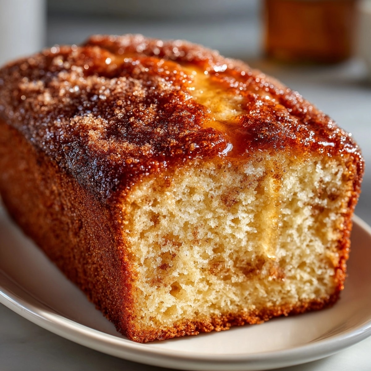 Warm Apple Cider Donut Loaf Cake with a crisp cinnamon-sugar crust, perfect for autumn brunch.