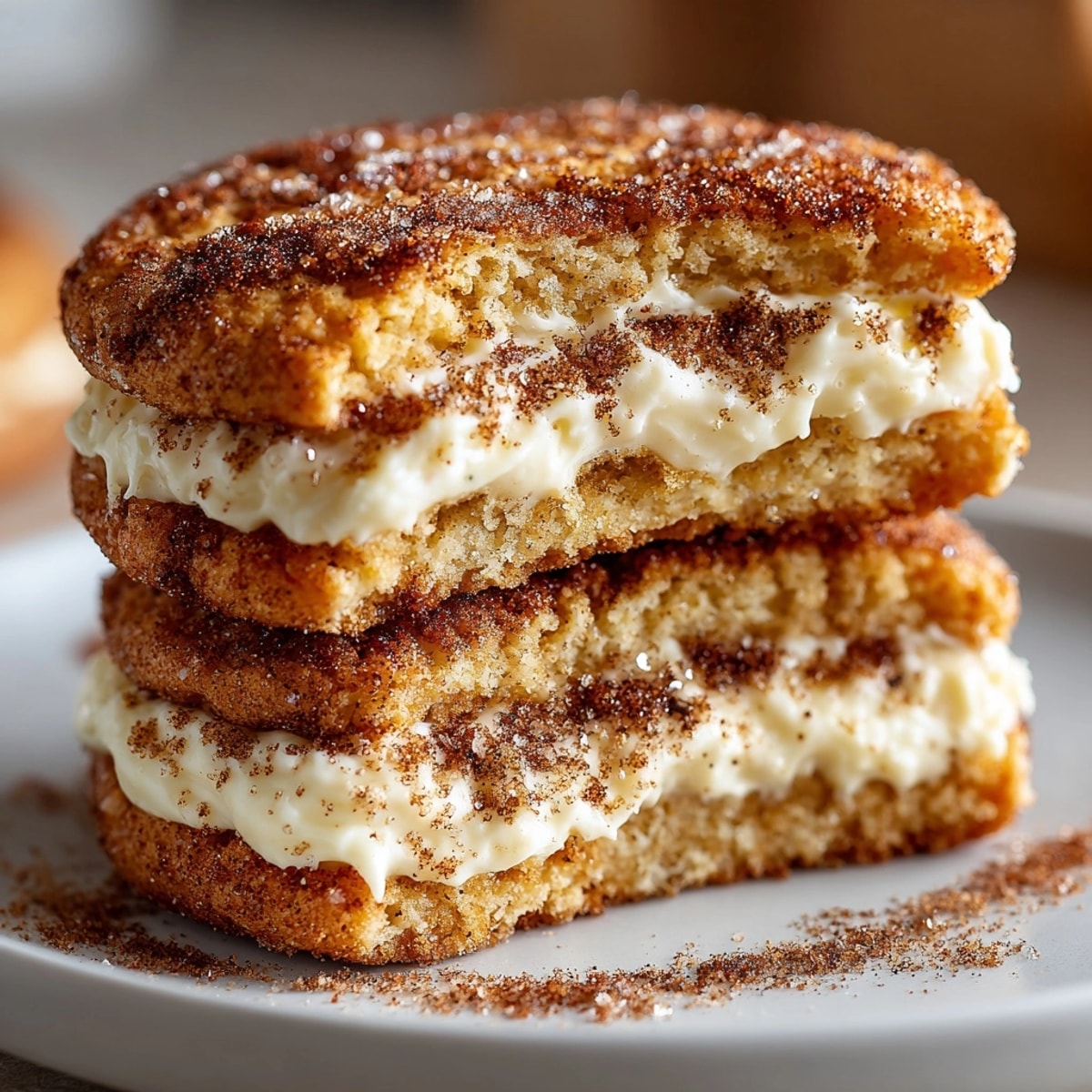 Eggnog Snickerdoodle Sandwich Cookies: golden, cinnamon-dusted cookies filled with creamy eggnog buttercream.