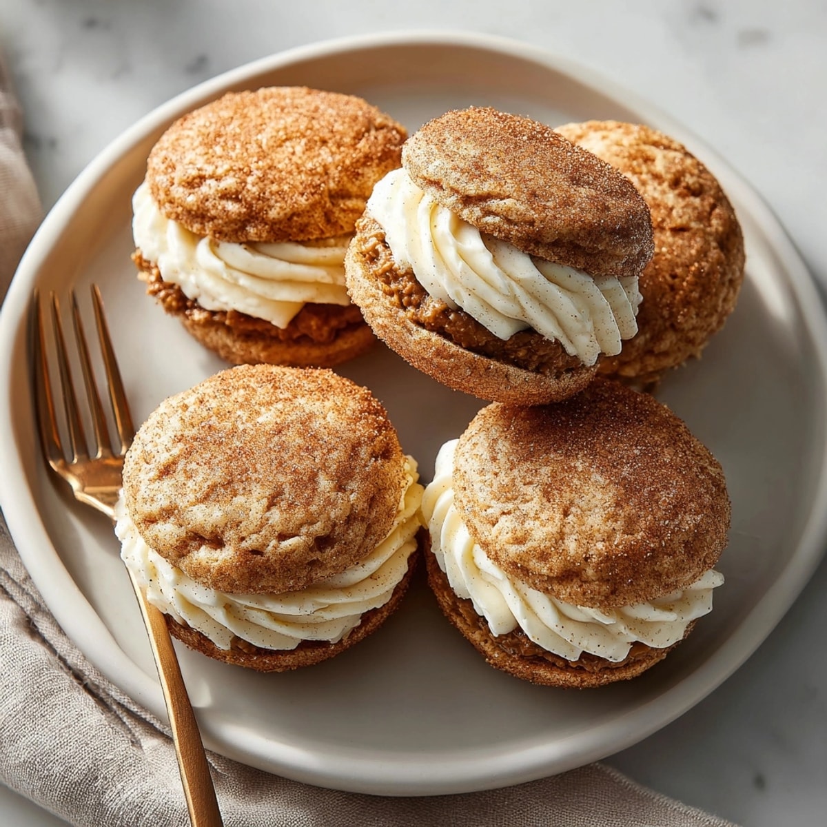 These festive Eggnog Snickerdoodle Sandwich Cookies are a delightful treat, layered with spiced eggnog buttercream.