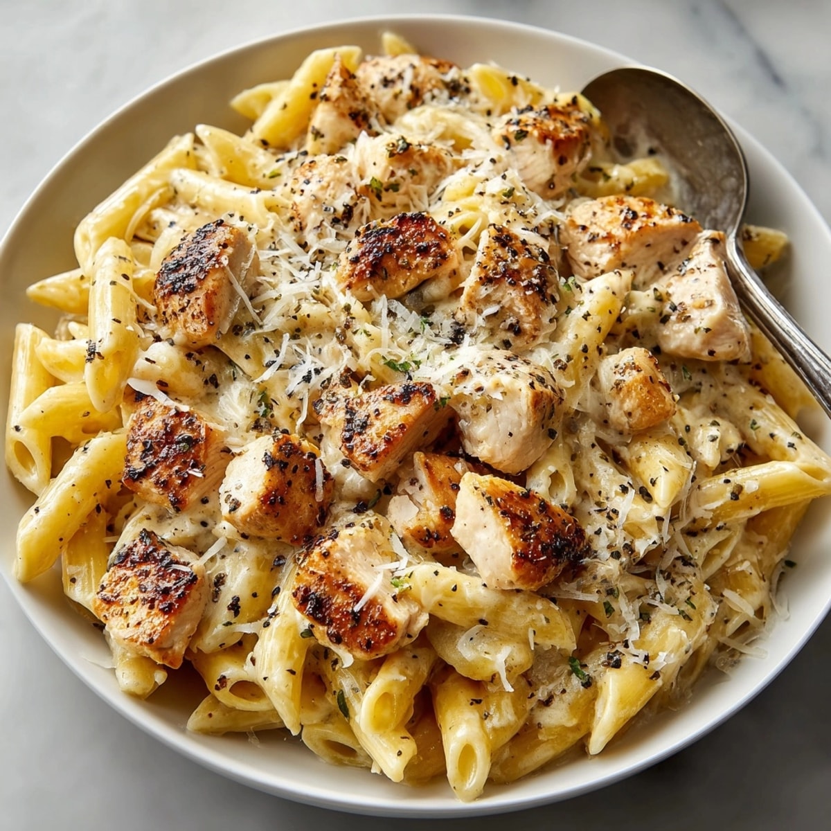 Steaming bowl of Creamy Chicken and Cream Cheese Pasta, seasoned and ready to serve.