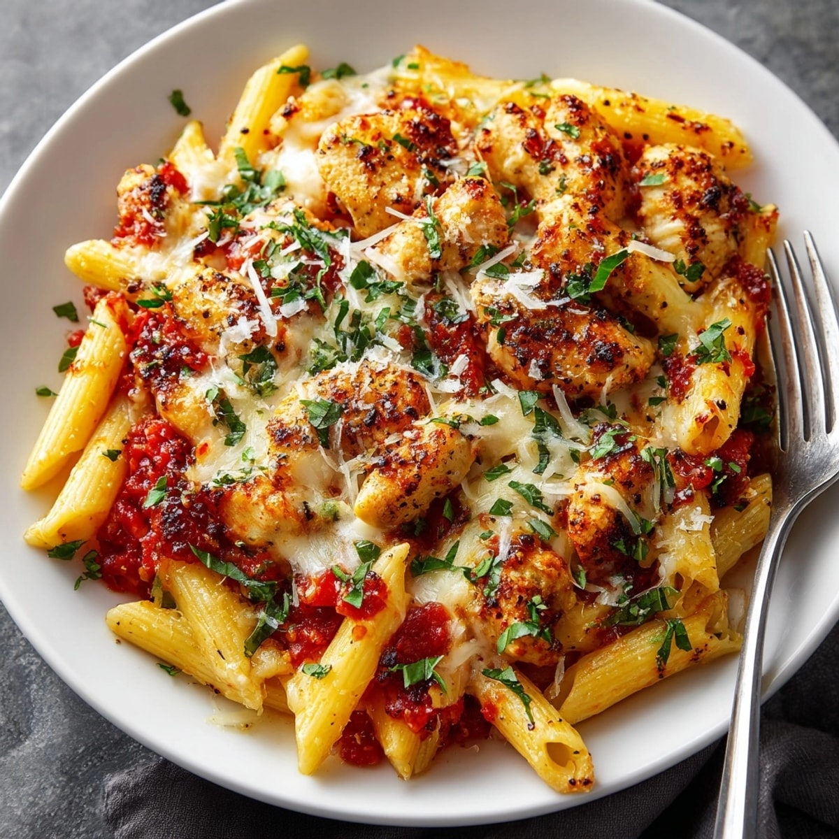 Budget-Friendly Chicken Parmesan Pasta, bubbling with melted mozzarella and rich tomato sauce.