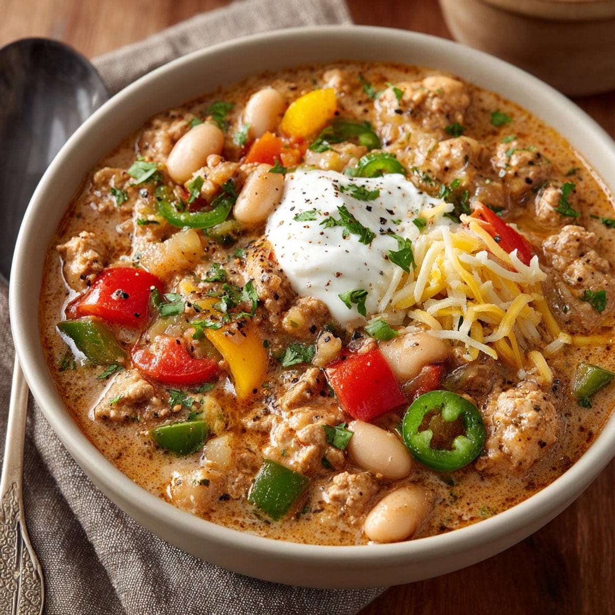 A steaming bowl of Turkey Chili with White Beans, garnished with fresh cilantro and green onions.