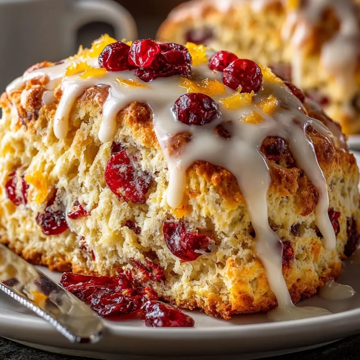 Warm Cranberry Orange Scones with a glistening maple glaze, a perfect breakfast treat.