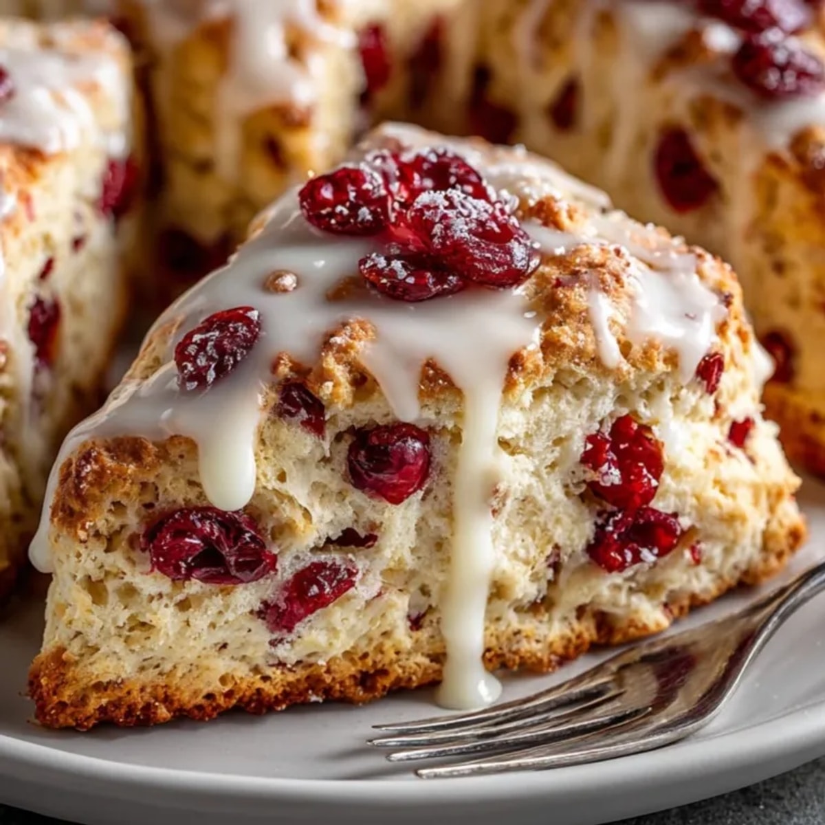 Golden brown Cranberry Orange Scones drizzled with a sweet, glossy maple glaze, ready to serve.