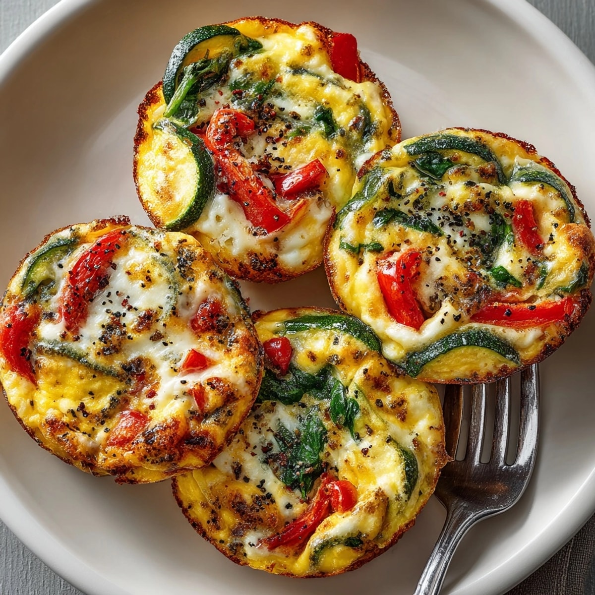 Golden brown, baked Veggie Packed Egg Muffins with visible colorful vegetables, ready to eat.