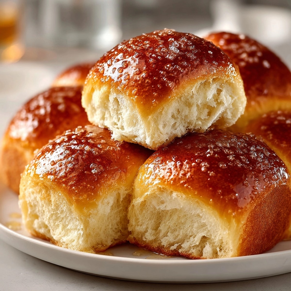 Golden honey butter dinner rolls, fresh from the oven, glistening with honey glaze.