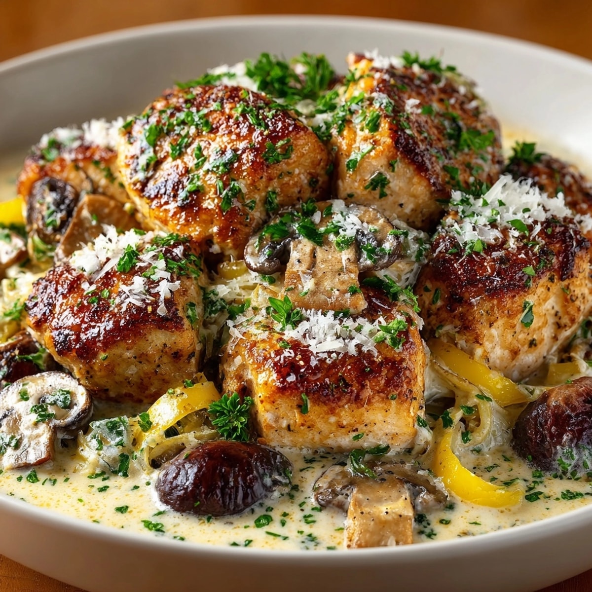 Creamy Chicken and Mushroom Skillet: A rich, one-pan meal of tender chicken coated in creamy sauce.