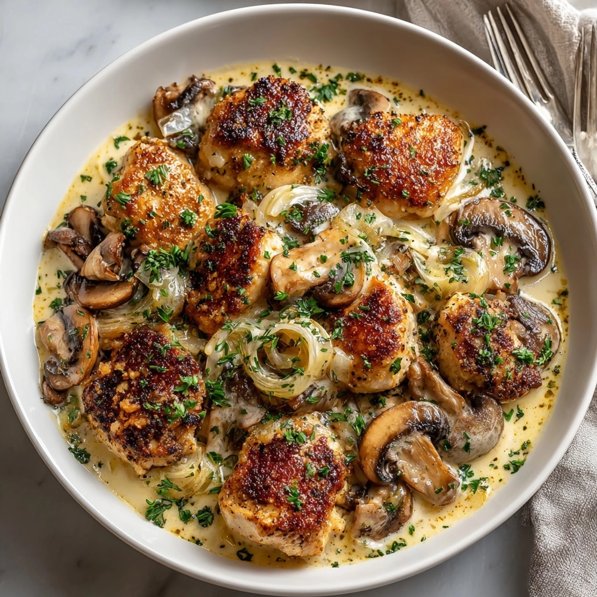 Enjoy the delicious Creamy Chicken and Mushroom Skillet, perfectly served with a sprinkle of fresh parsley.