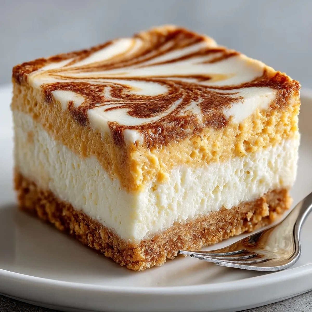 Golden, spiced Pumpkin Cheesecake Bars, ready to serve after chilling, offer autumnal flavors.