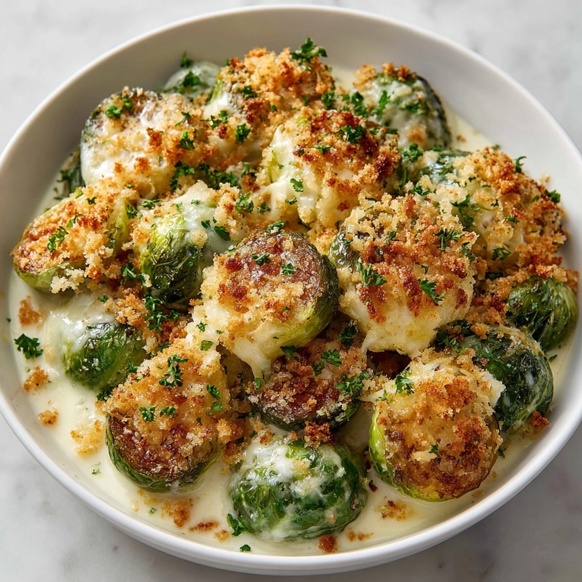 Golden, bubbly Creamy Brussels Sprouts Gratin, a cheesy vegetarian side dish, perfect for any dinner.