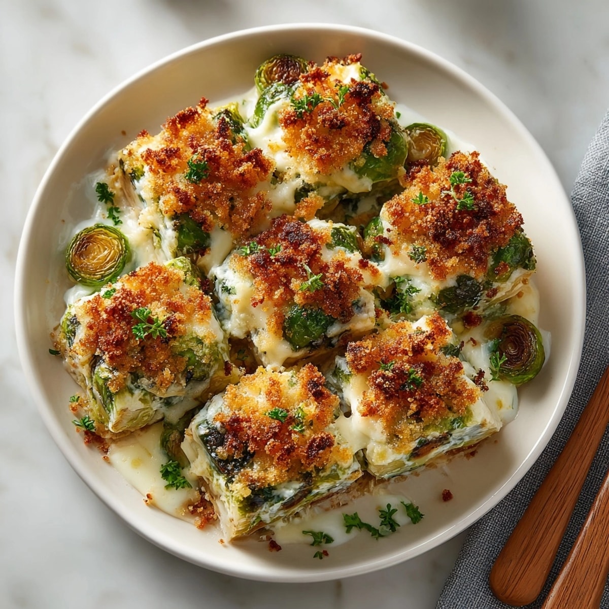 Cheesy and decadent Creamy Brussels Sprouts Gratin, a comforting baked side dish, smells delicious!