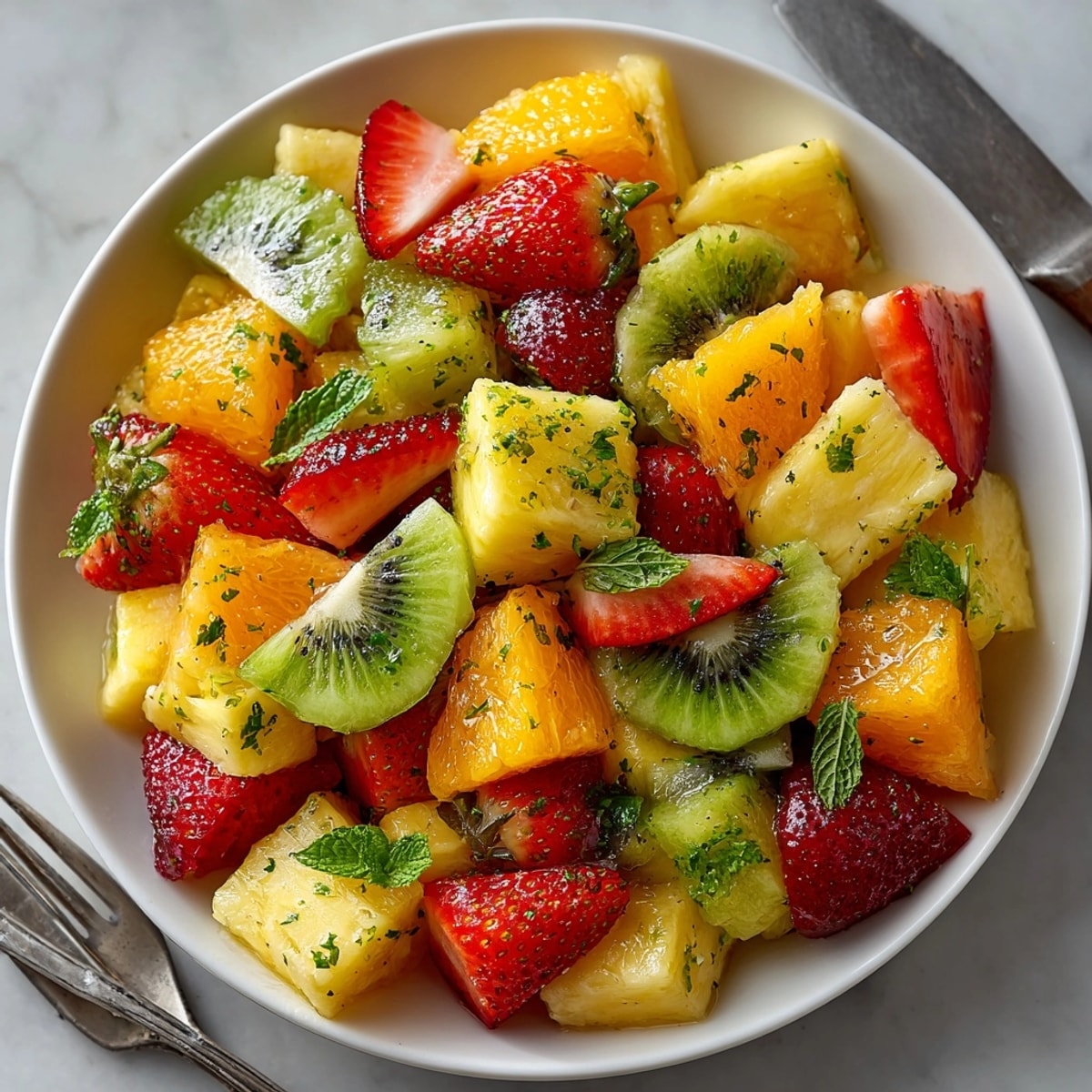 Imagine a bowl of Tropical Fruit Salad with Lime: sweet tropical flavors mingling with fresh mint garnish.