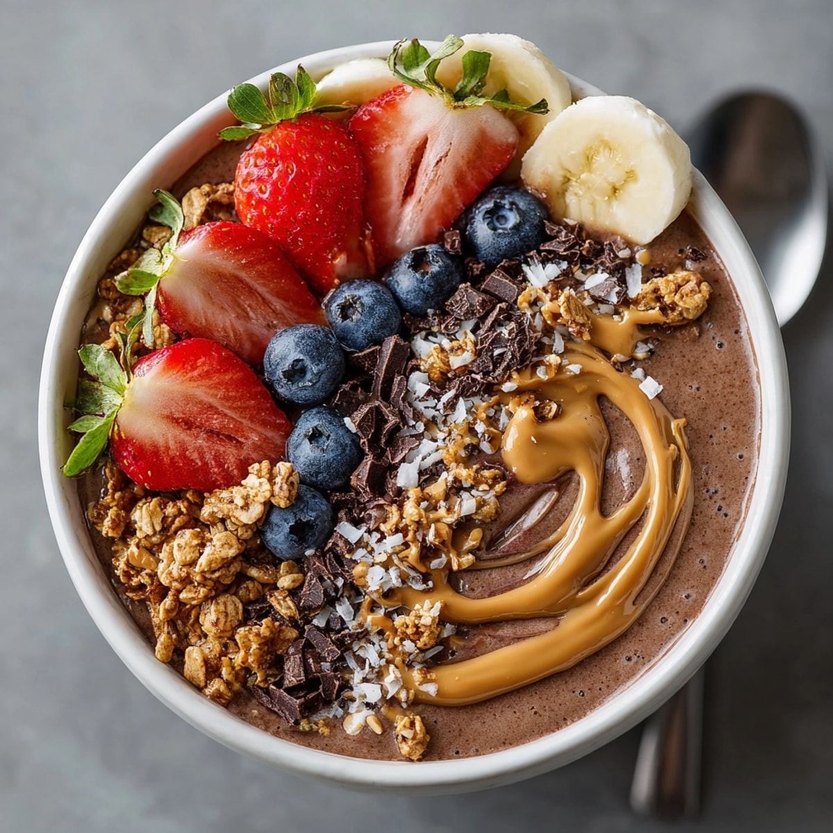 Chocolate Peanut Butter Protein Smoothie Bowl topped with granola, berries, and a creamy peanut butter drizzle.