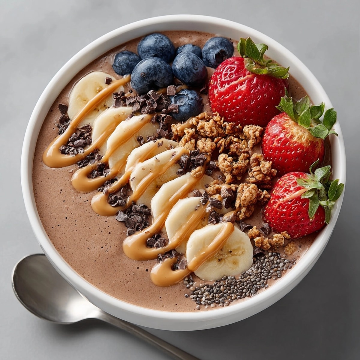 Thick, velvety chocolate peanut butter protein smoothie bowl served in a bowl with fresh toppings.