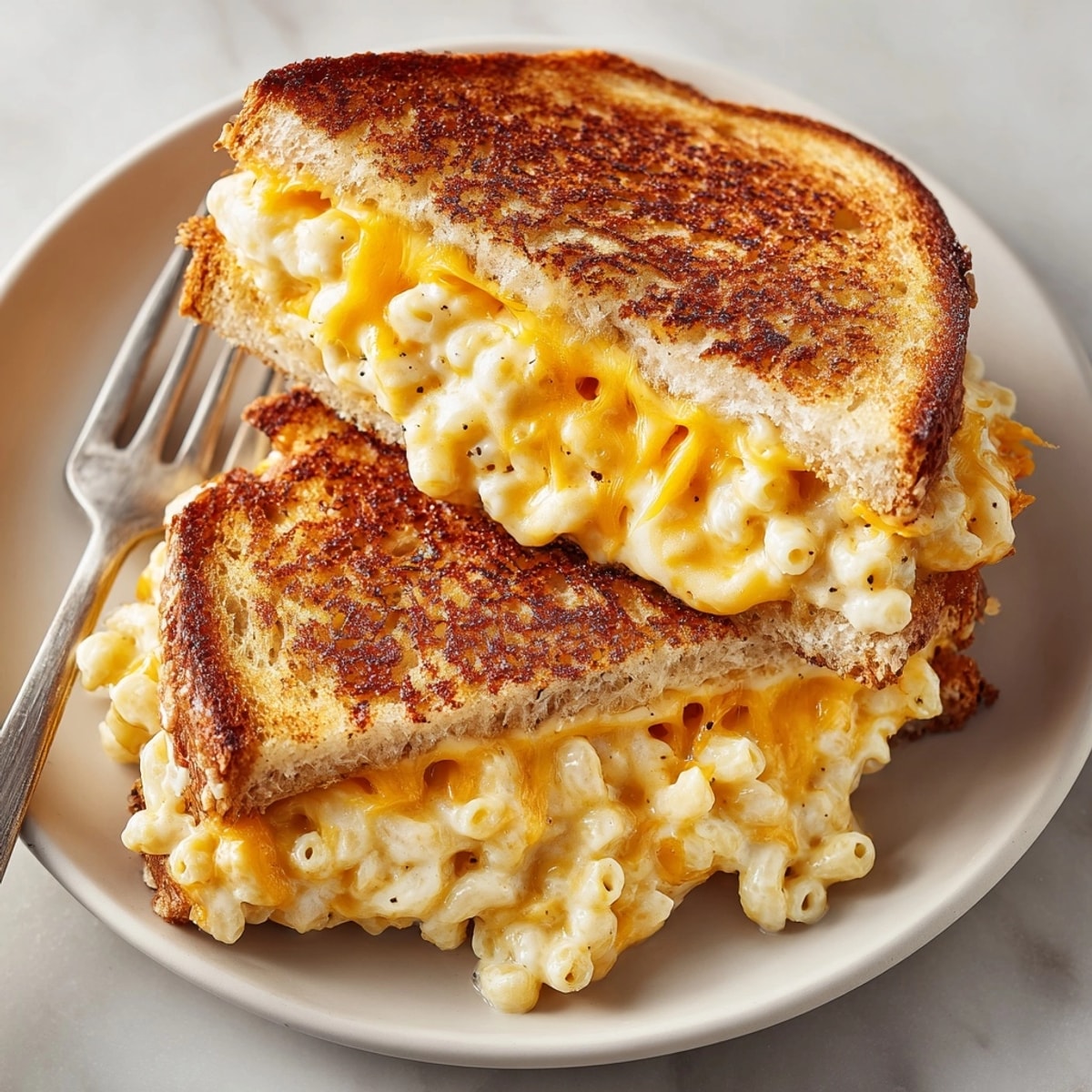 Hot Mac and Cheese Stuffed Grilled Cheese Sandwich halves served on a plate for a comforting lunch.