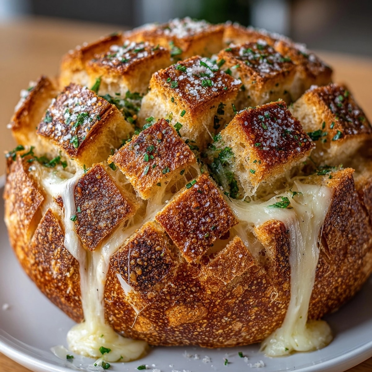 Stuffed Cheese Garlic Pull-Apart Bread with gooey cheese and fragrant garlic butter, served hot.