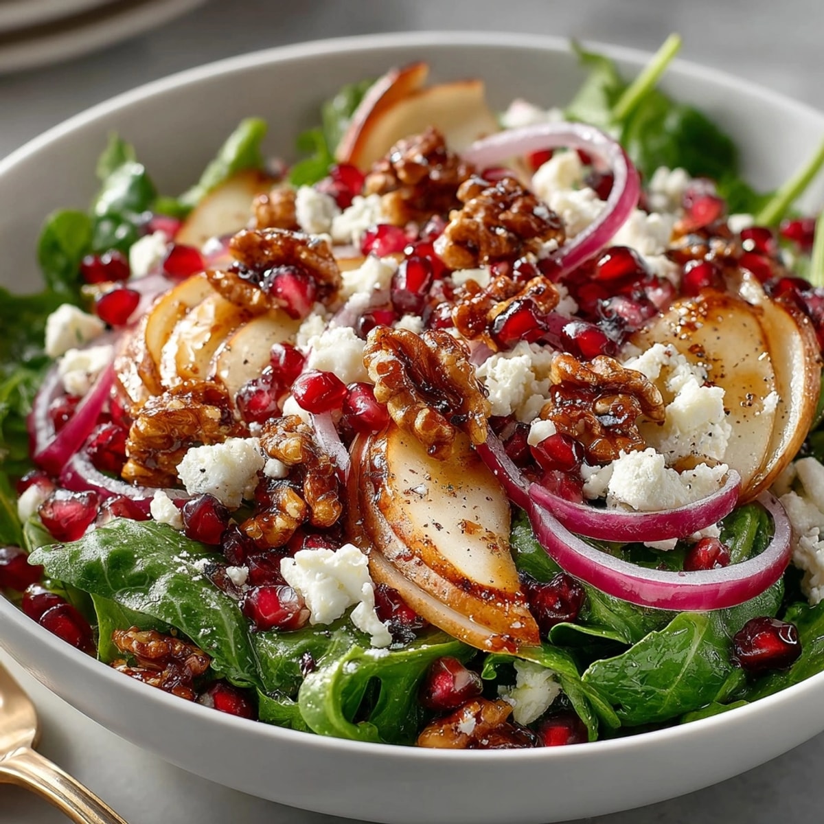 Pomegranate Feta Winter Salad with Candied Nuts served on a platter with bright, juicy seeds and crisp greens.