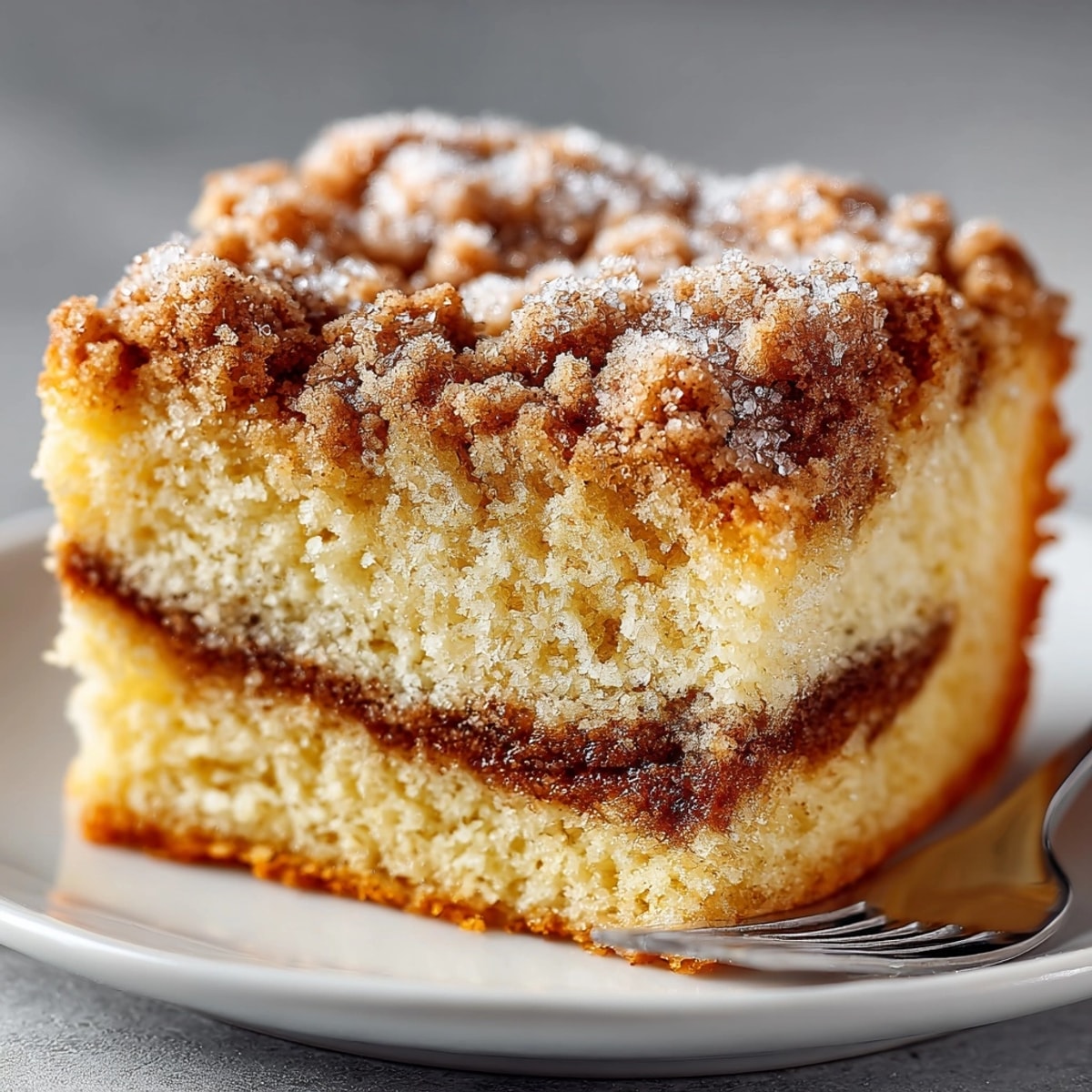 Cinnamon Streusel Coffee Cake Bars sliced on a plate with golden crumbly topping and cinnamon swirl.
