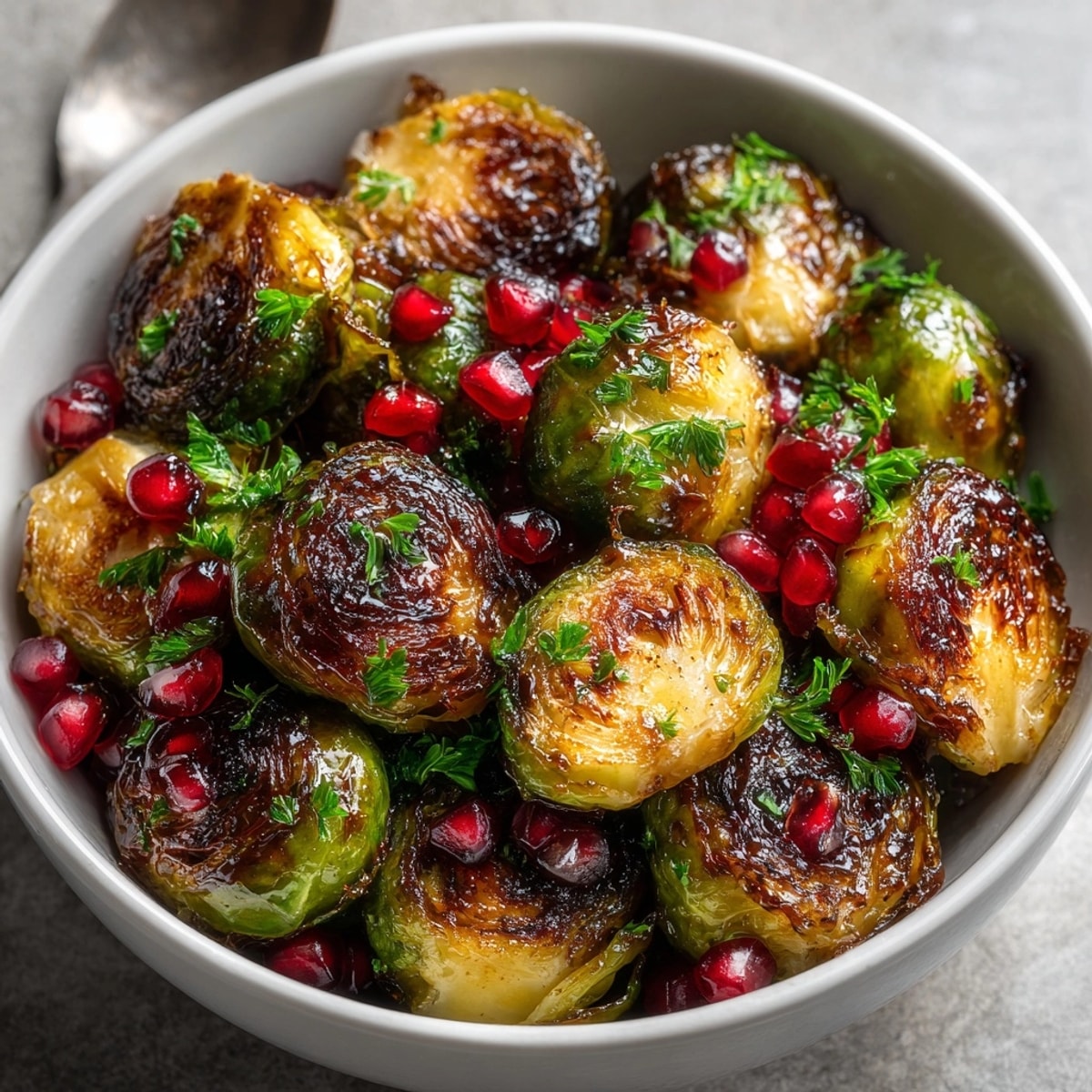 Pomegranate Glazed Brussels Sprouts glistening with syrupy glaze and vibrant pomegranate seeds on a platter.