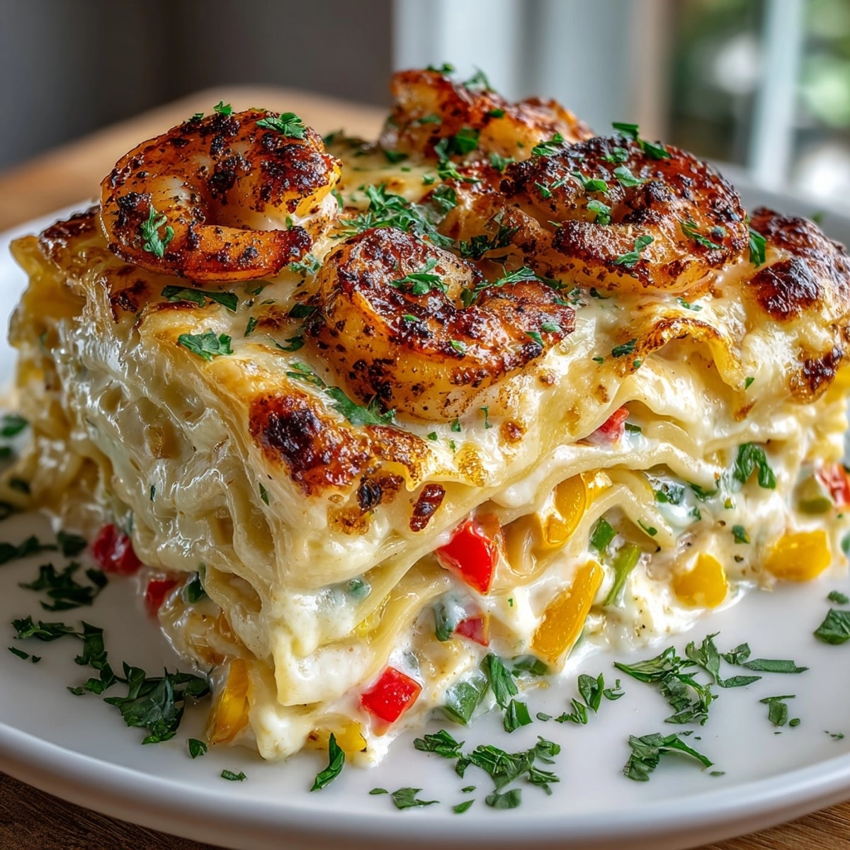 Cajun Shrimp Alfredo Lasagna served hot, with bubbling cheese and vibrant bell peppers layered throughout.