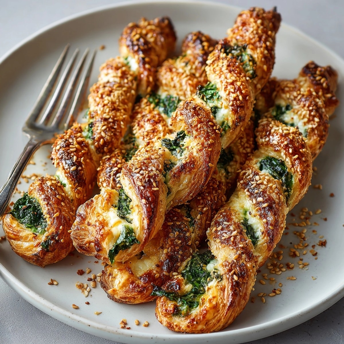 Golden ricotta and spinach puff pastry twists cooling on a tray, ready to serve.