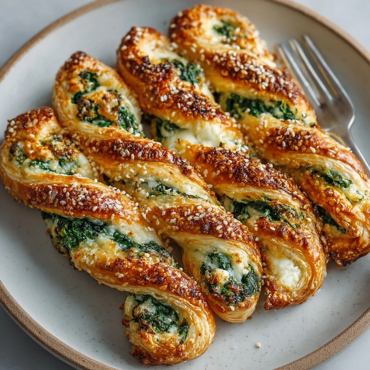 Flaky puff pastry twists bursting with creamy ricotta and spinach, ideal for appetizers.