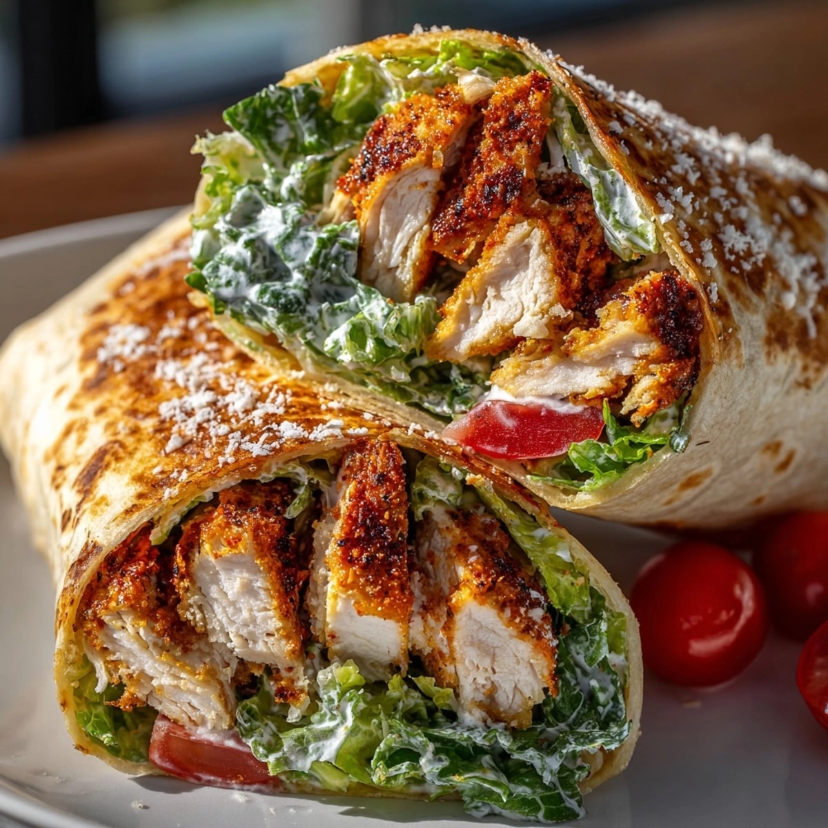 Cajun Chicken Caesar Wraps sliced in half, showing juicy spiced chicken and crisp romaine.