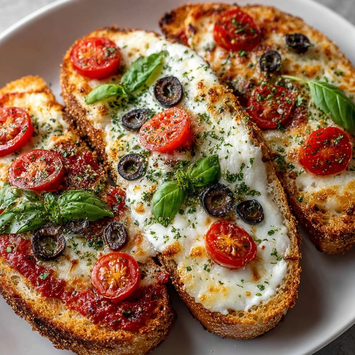 Ricotta-Stuffed French Bread Pizza with melted mozzarella bubbling over hearty tomato sauce on crusty baguette.