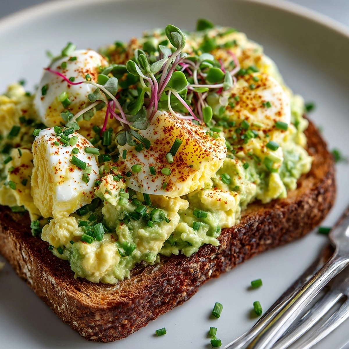 Avocado Egg Salad Toast with Paprika on crusty bread, topped with vibrant microgreens and chives.