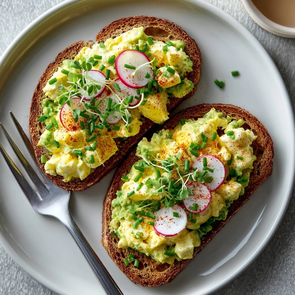 Hearty Avocado Egg Salad Toast with Paprika, featuring golden eggs and a smoky, savory sprinkle.