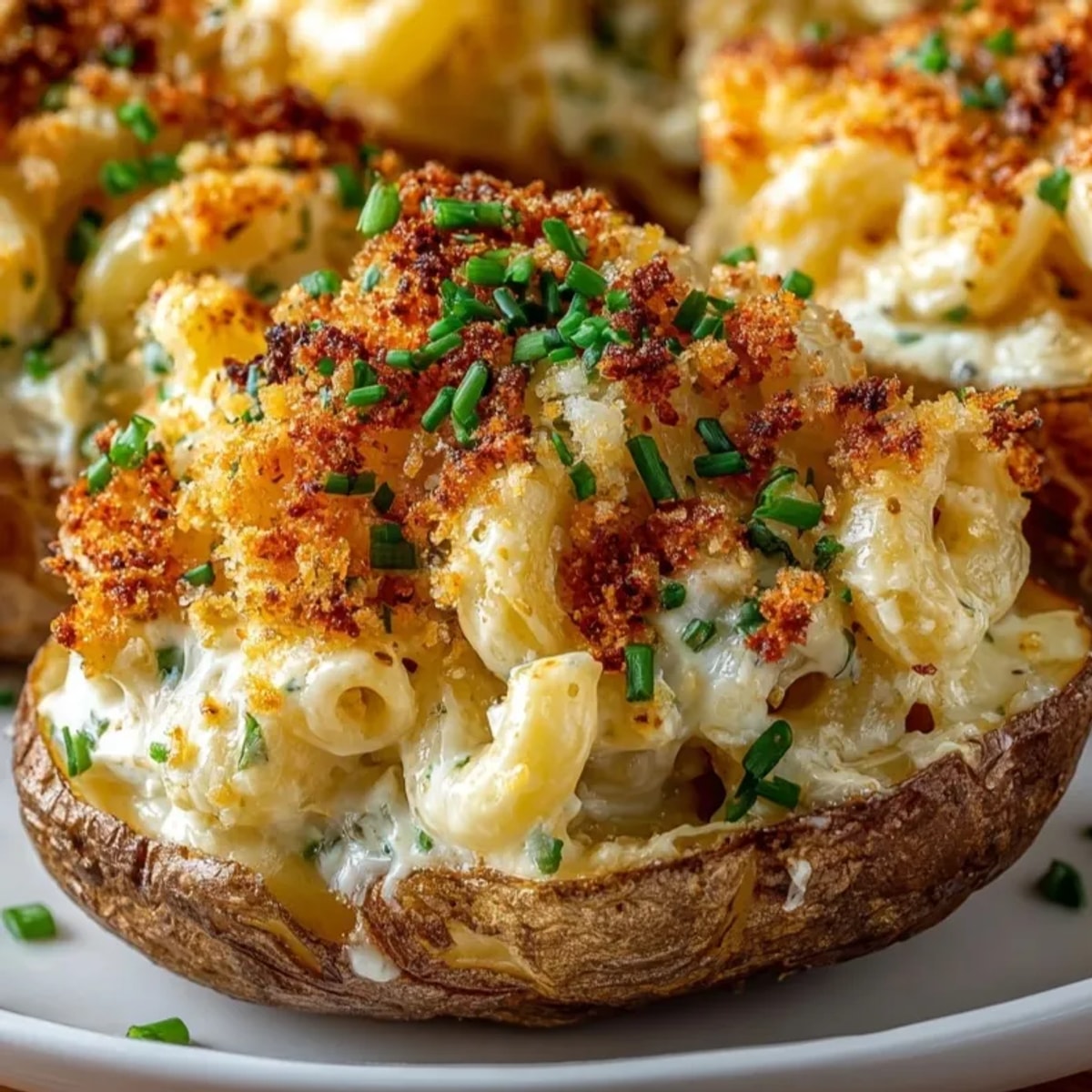 Baked mac and cheese potato skins topped with chives and golden breadcrumb crunch.