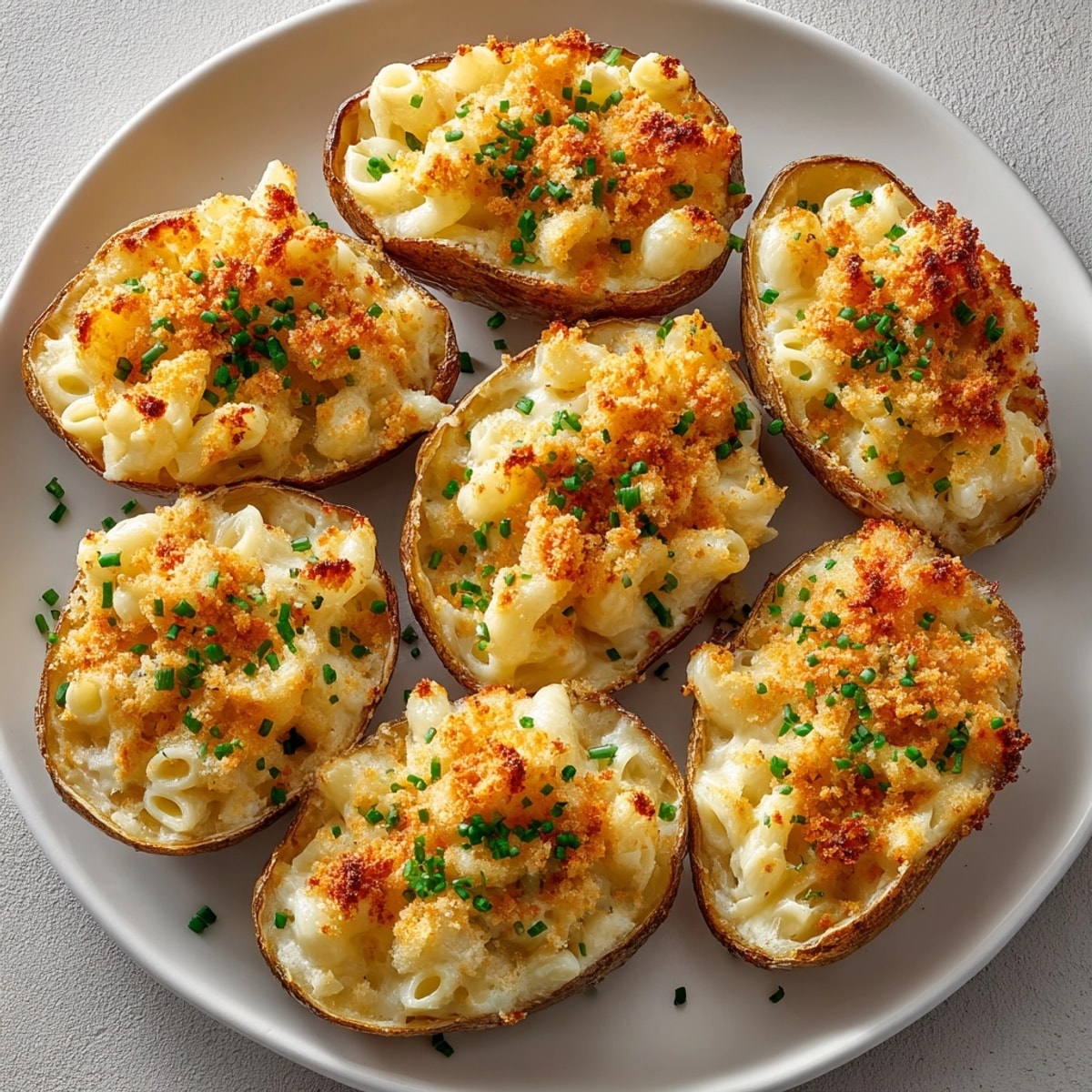 Crispy potato skins stuffed with creamy mac and cheese, perfect vegetarian comfort food.