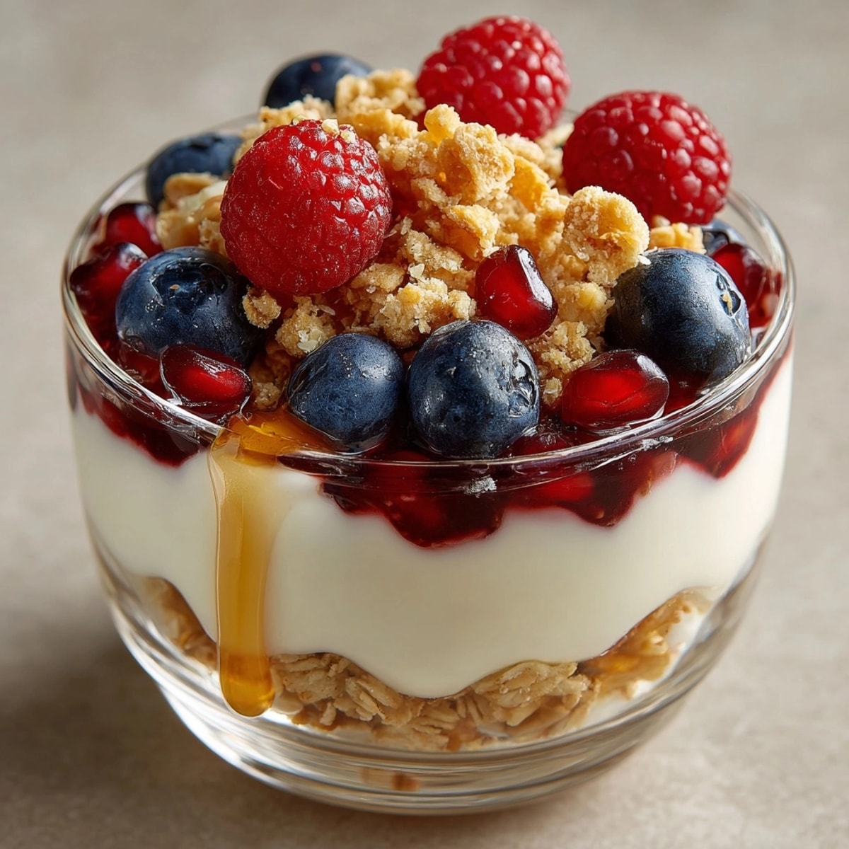 Pomegranate Yogurt Parfait with Granola layered in a clear glass, showing creamy, colorful textures.
