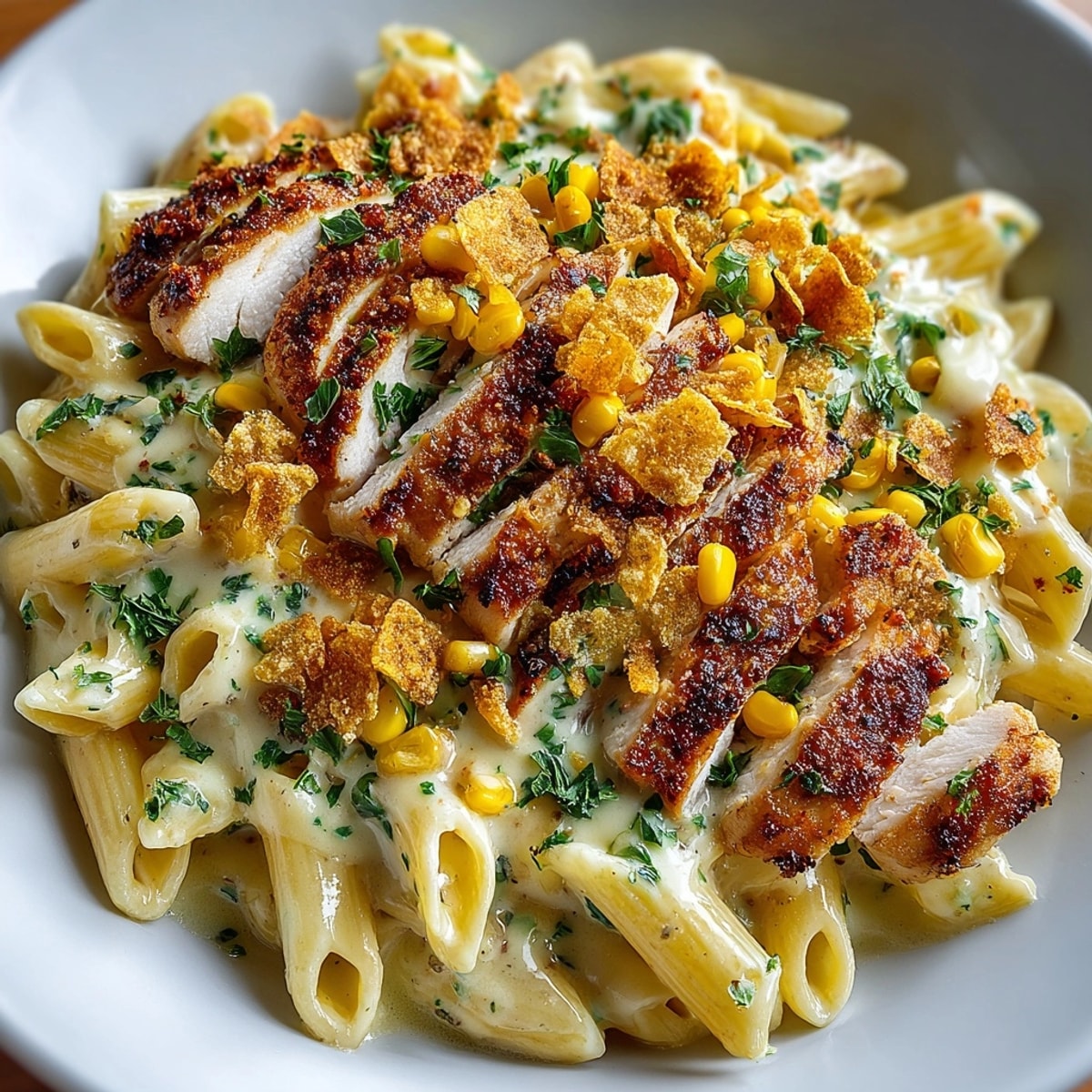 Creamy Cajun Chicken Alfredo with Roasted Corn served over penne, garnished with crunchy tortilla chips.