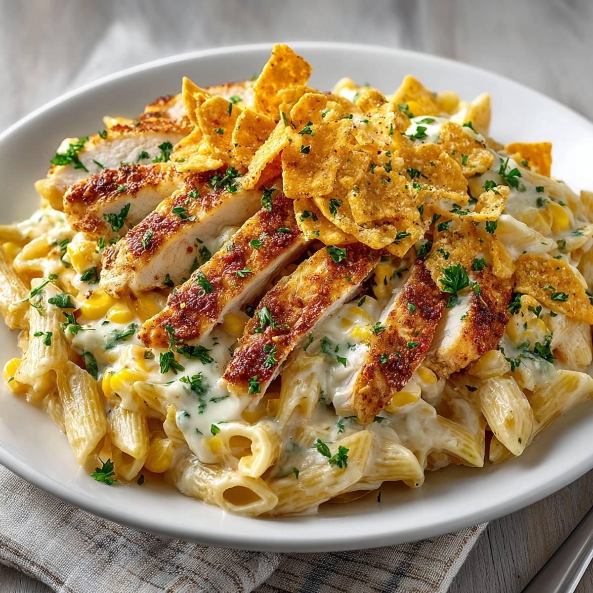 Close-up of Creamy Cajun Chicken Alfredo with Roasted Corn, featuring tender chicken and golden corn.
