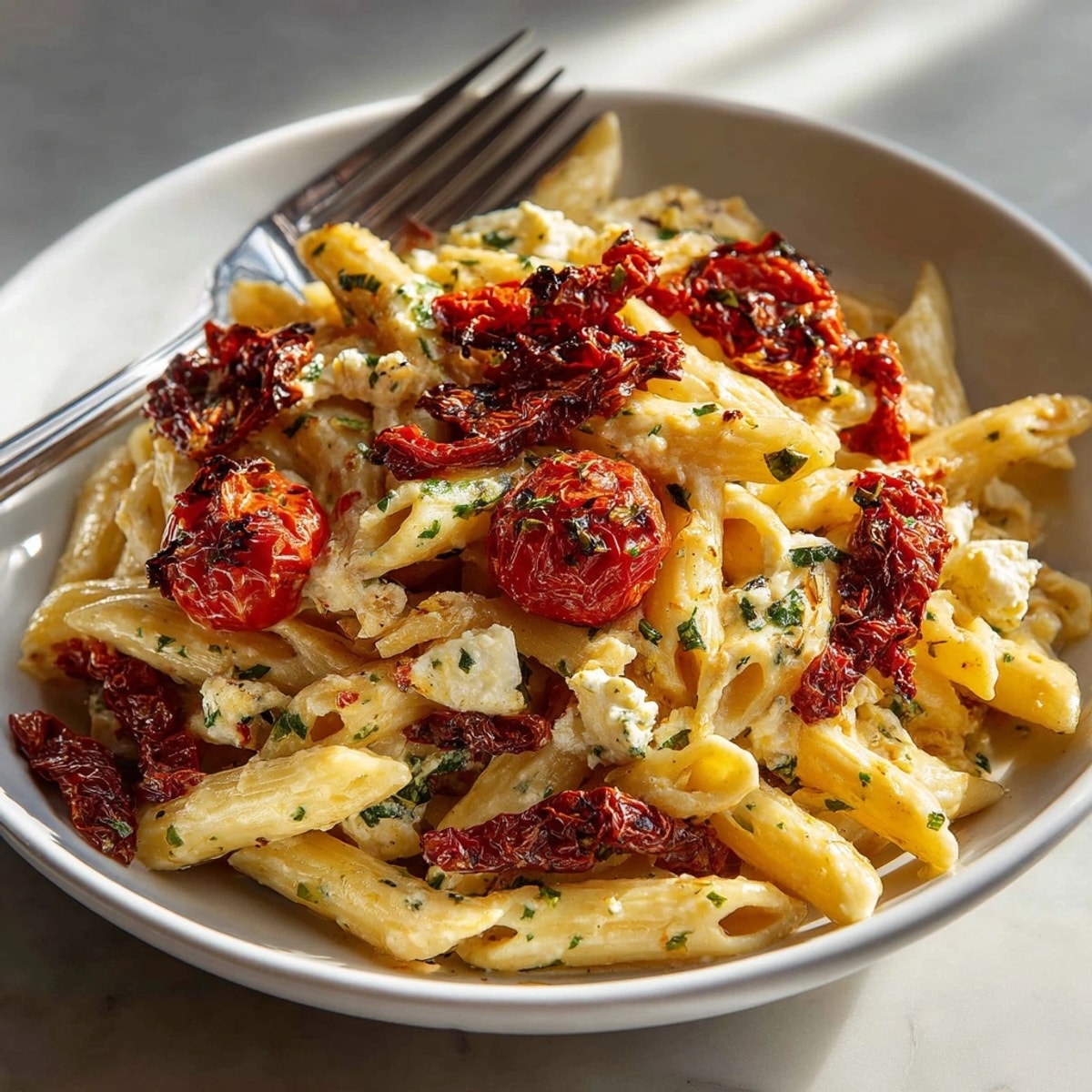 Baked Feta Pasta 2.0 in a white bowl, topped with caramelized onions and fresh basil
