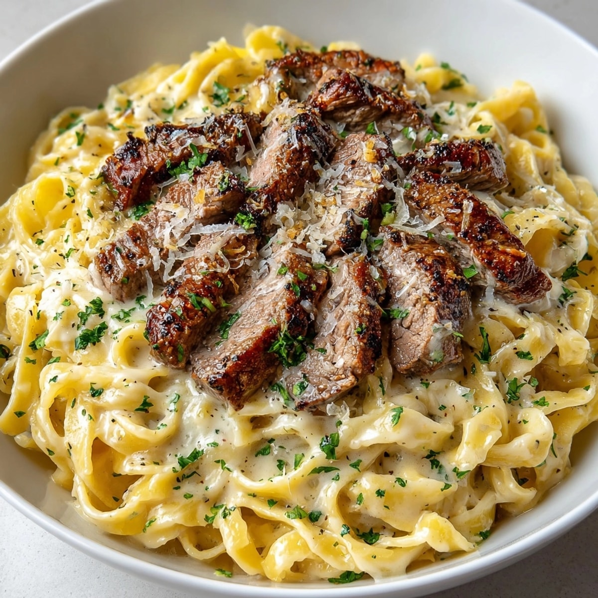 Creamy steak pasta tossed with garlic cream sauce and steak slices, garnished with fresh parsley.