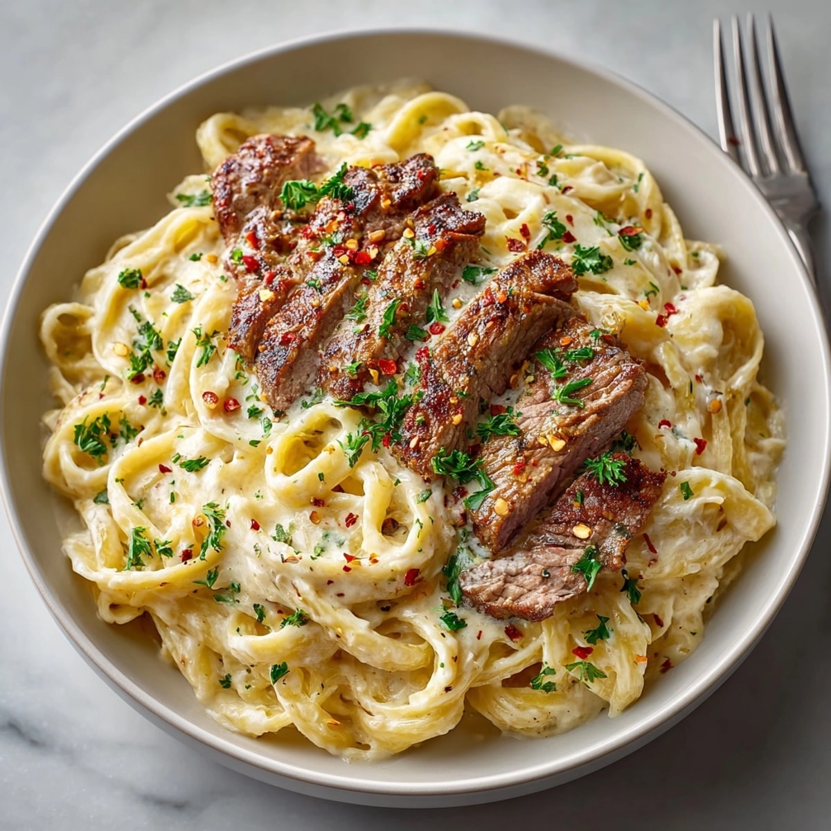 Juicy steak served atop creamy pasta, parmesan cheese melting into the rich sauce.