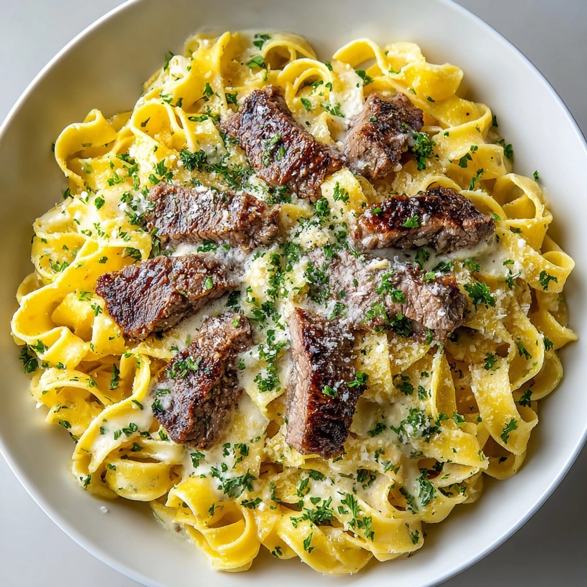 Steaming bowl of creamy steak pasta, finished with herbs and a sprinkle of parmesan cheese.