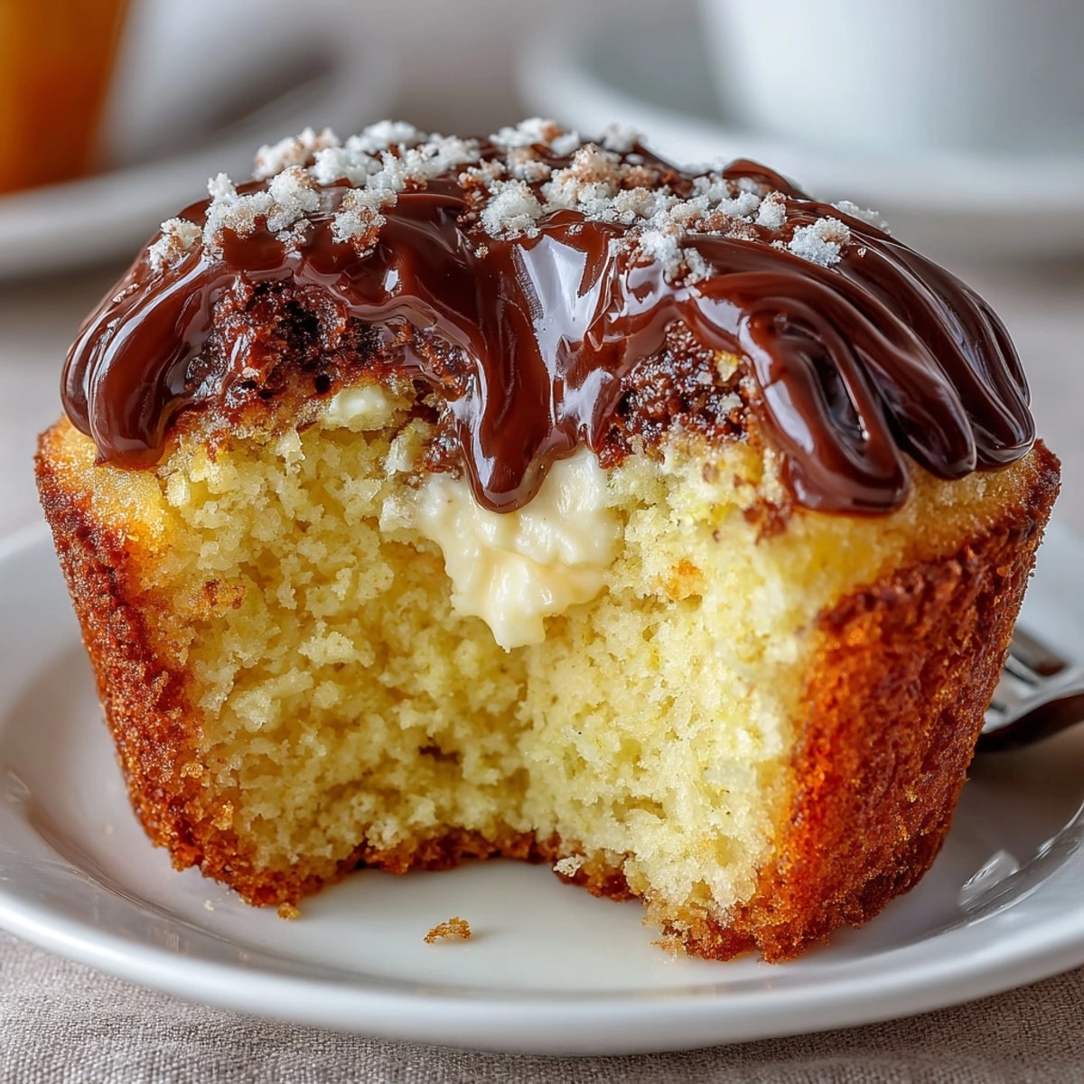 Boston Cream Pie Cupcakes topped with glossy chocolate ganache and creamy custard filling inside.