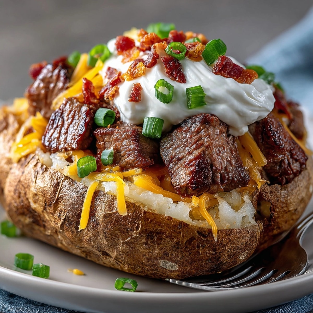 Ultimate Loaded Baked Potato with Steak Bites served hot, topped with melty cheddar and fresh green onions