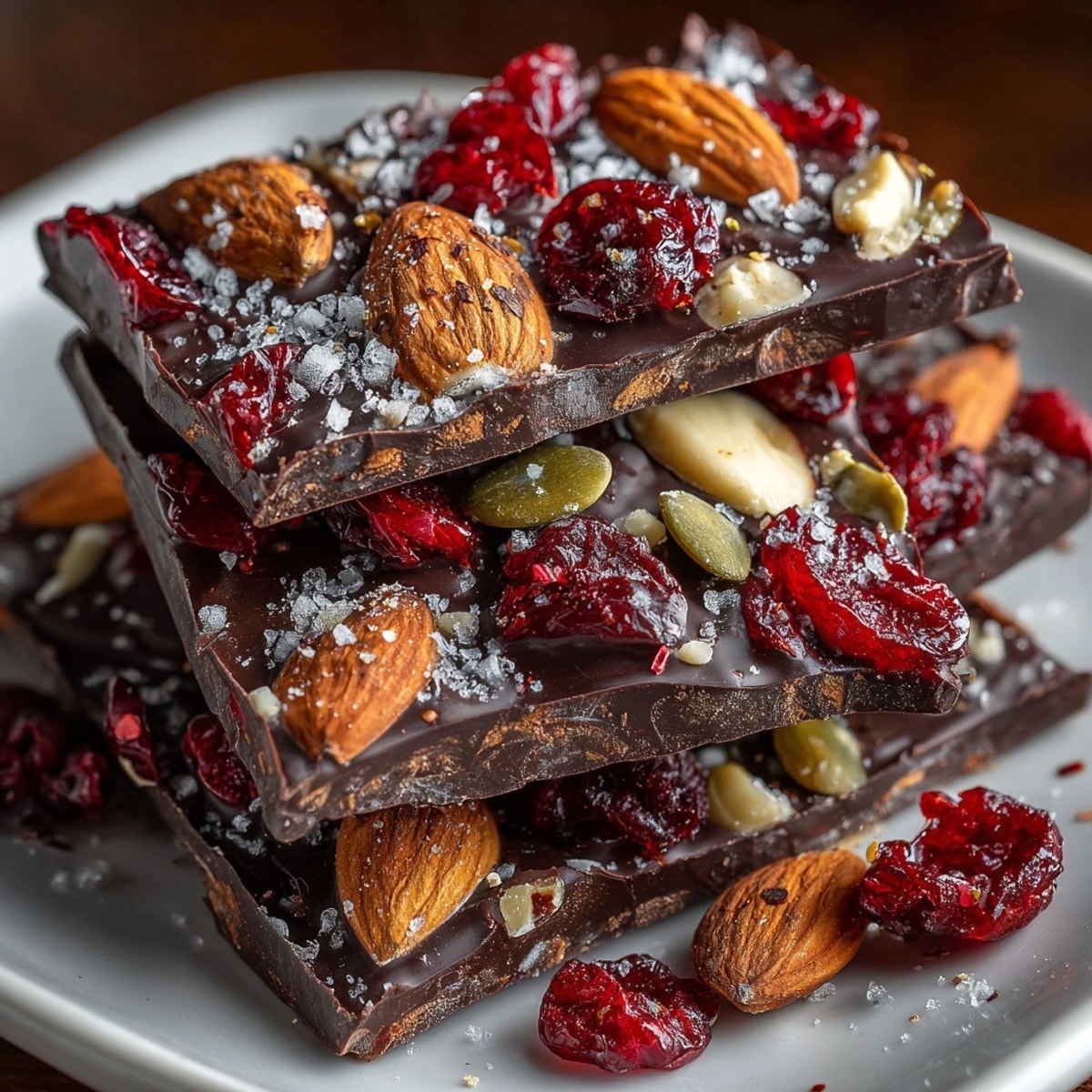 Close up of spicy Ghost Pepper Chocolate Bark with colorful toppings.