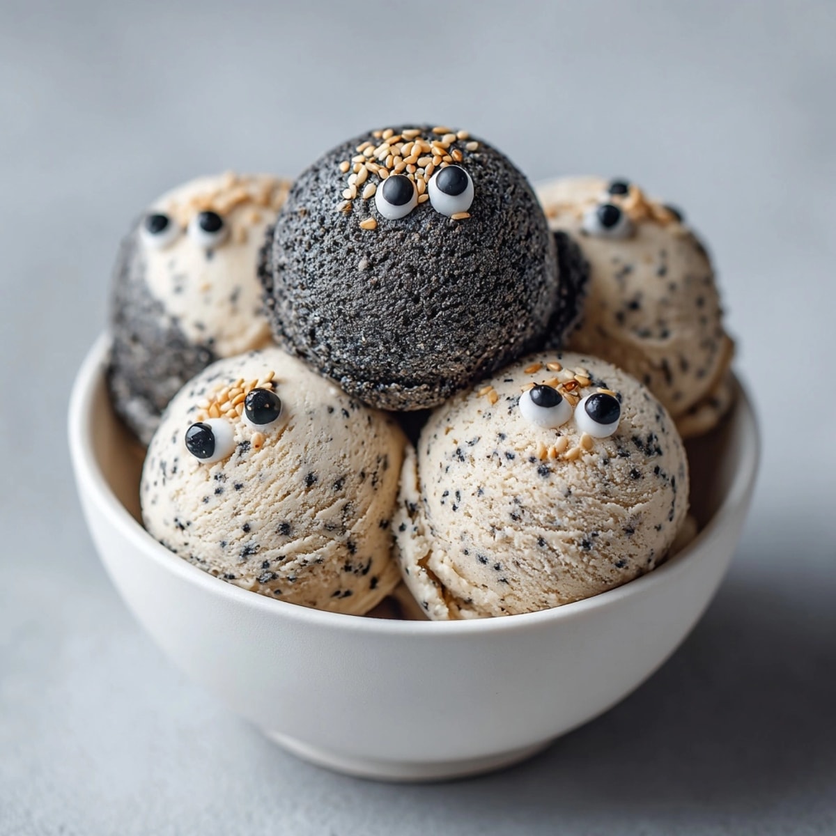 Homemade Black Sesame Ice Cream, creamy and nutty, with playful candy eyes on top.