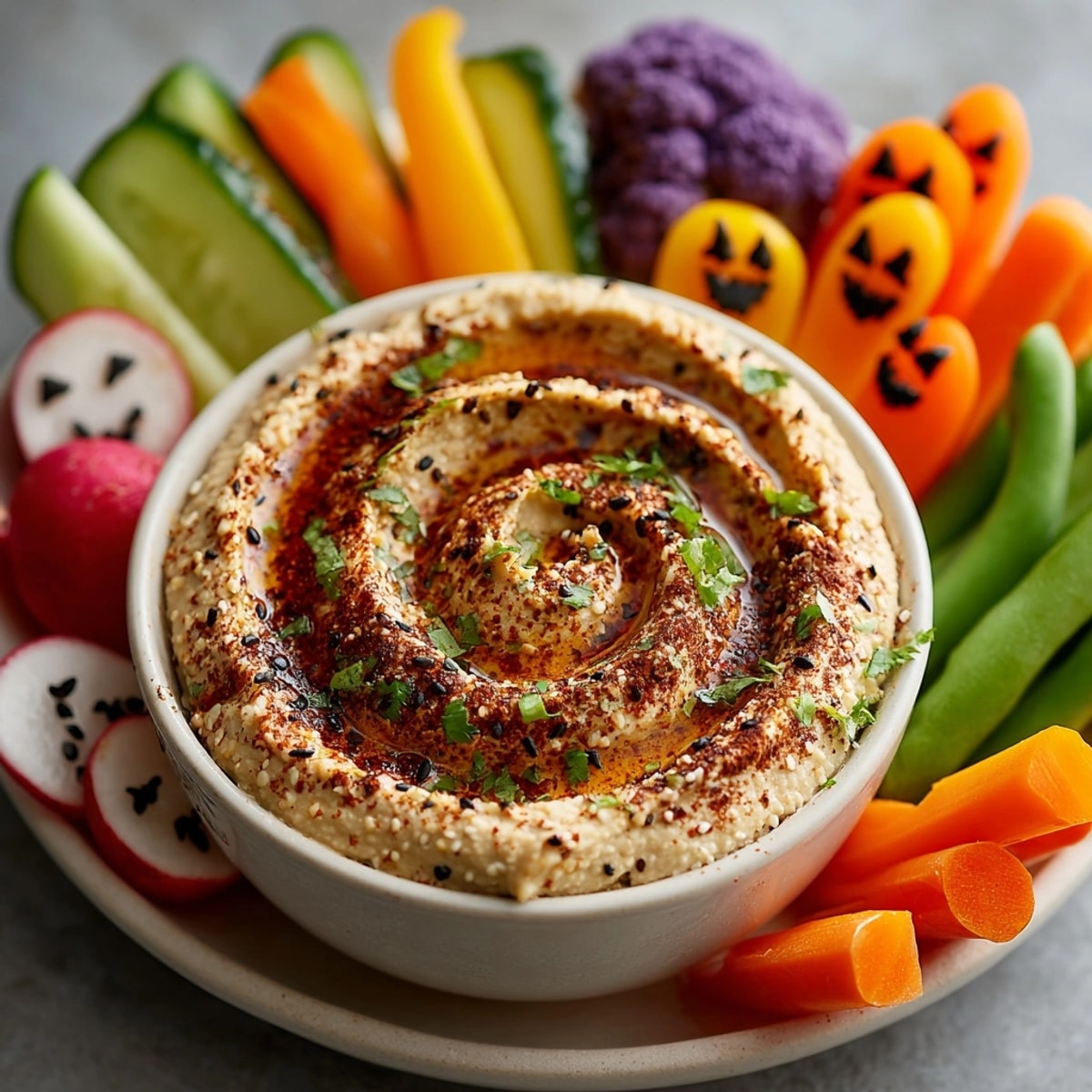 Bowl of smoky Black Bean Hummus surrounded by spooky-shaped vibrant, raw cut vegetables.