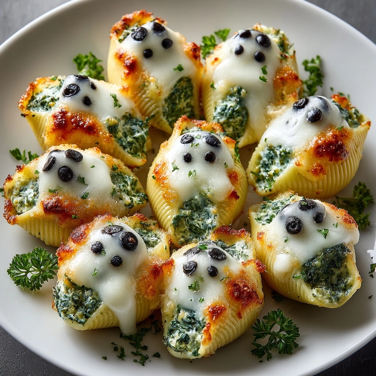 Creamy Halloween Stuffed Shells: a vibrant dish with ghostly béchamel, ready for baking.