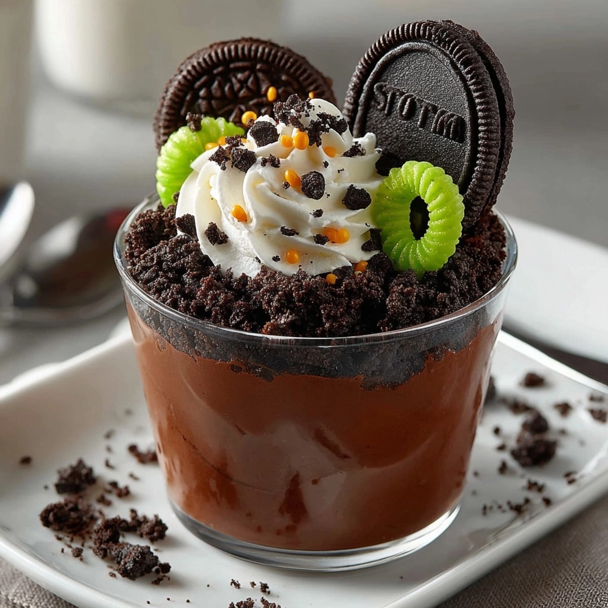 Creamy Haunted Graveyard Pudding Cups decorated with cookie tombstones and ghostly gummy worms.