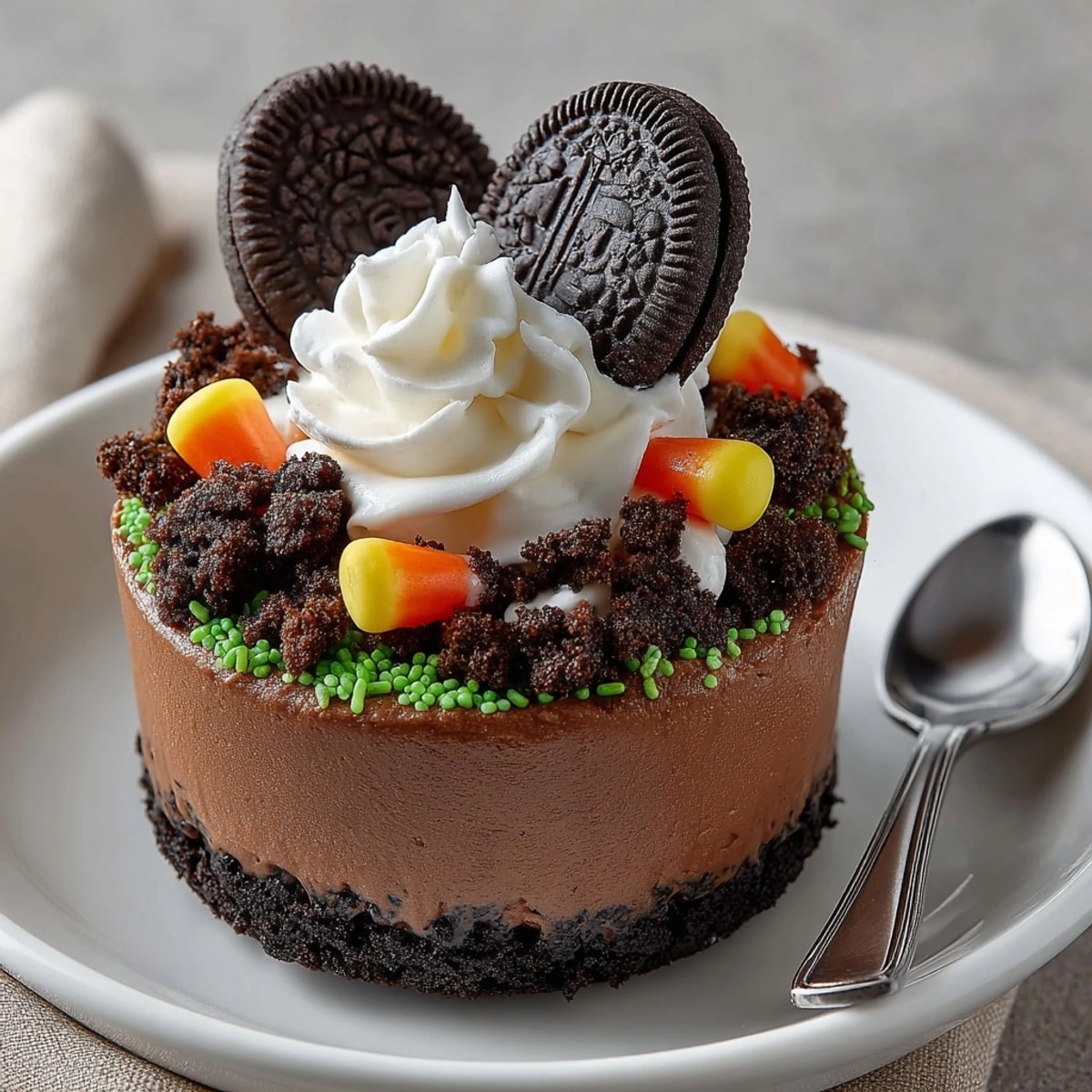 Spooky Haunted Graveyard Pudding Cups: Layers of rich chocolate, crumbly cookies, and creepy decorations.