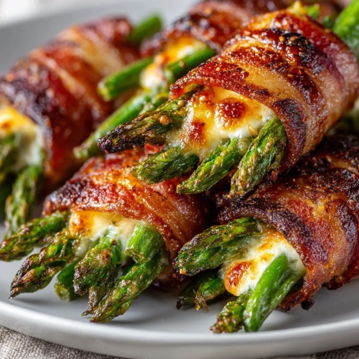 Golden-brown, savory Cheesy Bacon-Wrapped Green Bean Bundles, ready for a tasty American appetizer.
