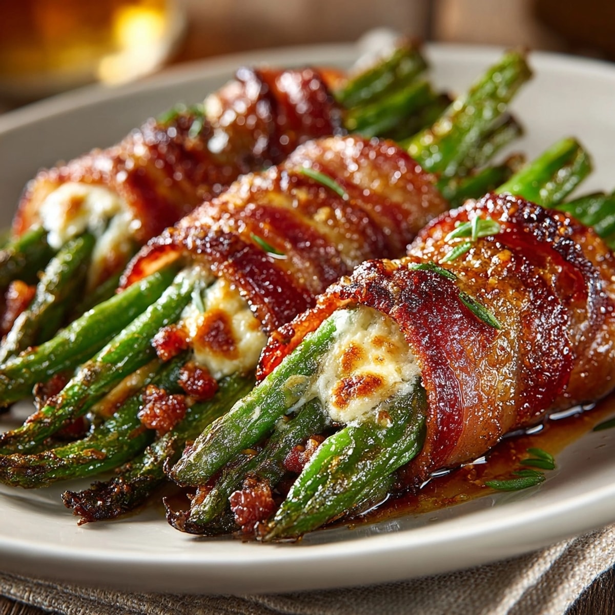 Imagine tasting smoky, cheesy Cheesy Bacon-Wrapped Green Bean Bundles, perfect baked side dish.