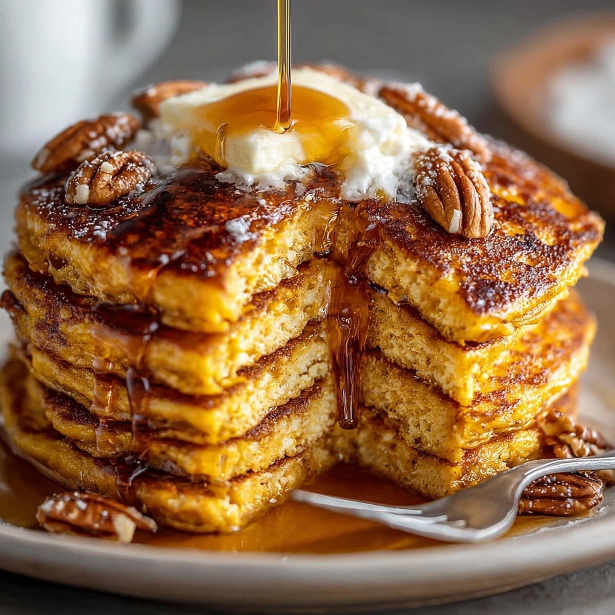 Stack of golden Pumpkin Spice Pancakes with rich maple syrup dripping down.